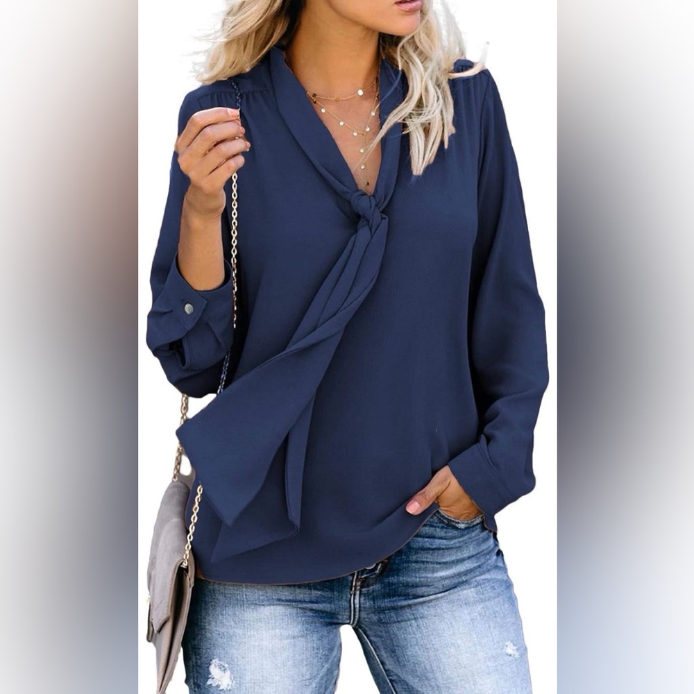 Navy Tie-Neck Long Sleeve Blouse | Size XL | Office Chic Work Top
